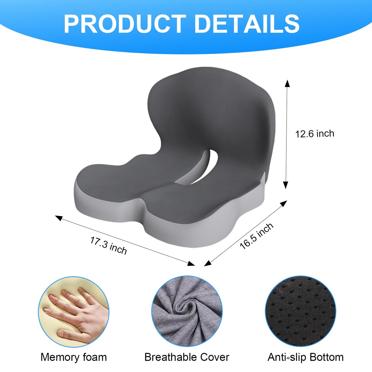 Gresonic Ergonomic Memory Foam Seat Cushion, For Office, Car, Gaming & Dining Chairs, Sciatica, Tailbone & Coccyx Pain Relief