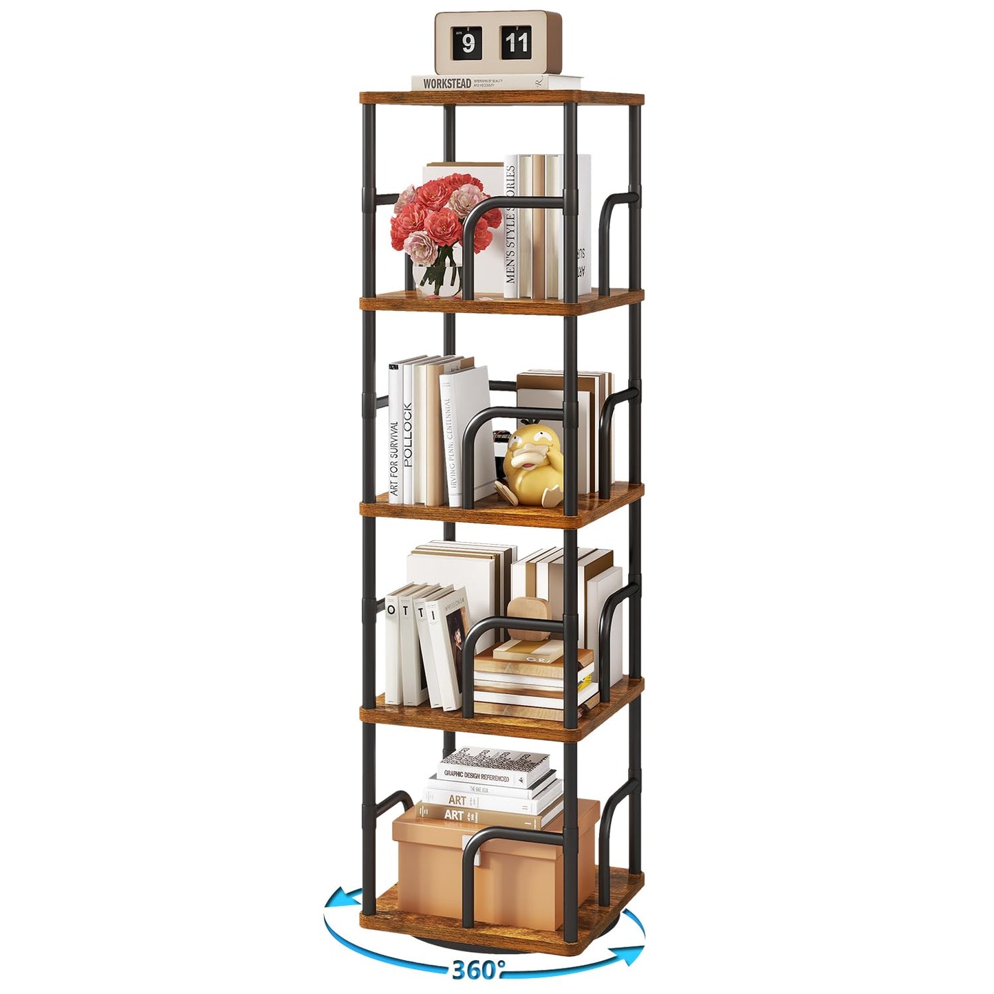 IBUYKE 5 Tier Rotating Bookshelf,Square Bookcases,Brown TBC004H