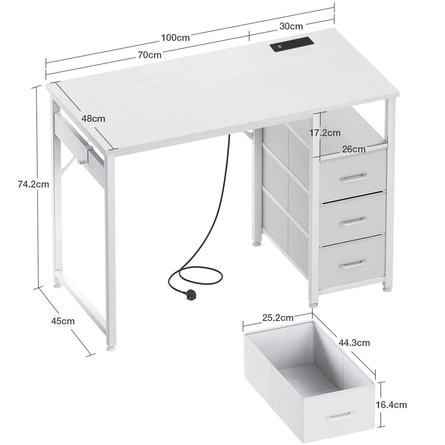 ODK Computer Desk with Drawers, 100cm Office Desk with Sockets, White