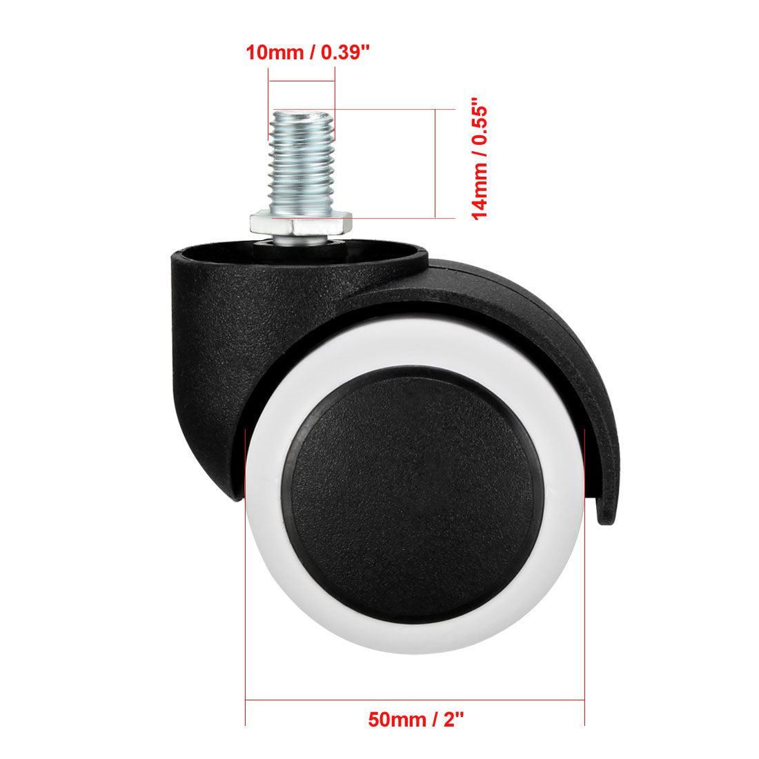 sourcing map Office Chair Casters Wheels 2 Inch PU Twin Wheel M10x14mm Threaded Stem Swivel Caster White, 4 Pcs