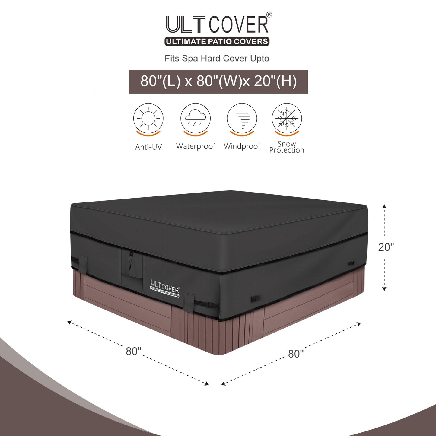ULTCOVER Waterproof 600D Polyester Square Hot Tub Cover Outdoor SPA Covers 80 x 80 inch, Black