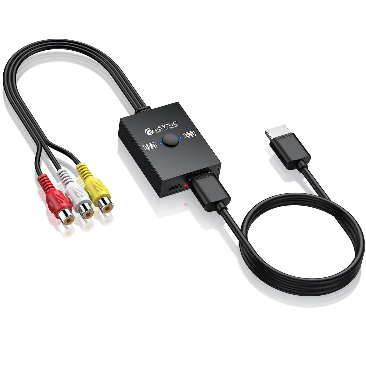eSynic Upgrade 1080P RCA to HDMI Converter with Aspect Switch 4:3/16:9 Retro Gaming CVBS AV to hdmi Adapter for PS2/1/Wii//N64/Xbox, NTSC/PAL Support,