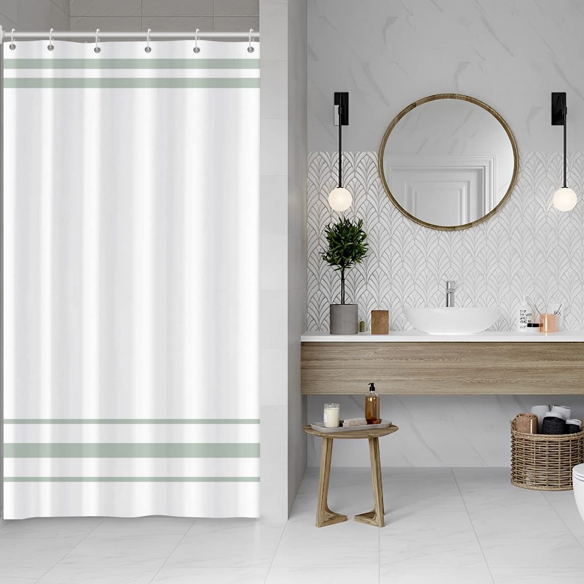 SDOTPMT 90x180cm Green and White Shower Curtain Modern Classic Green Striped Bath Curtain Countryside Farmhouse Minimalism Bathtub Curtain for