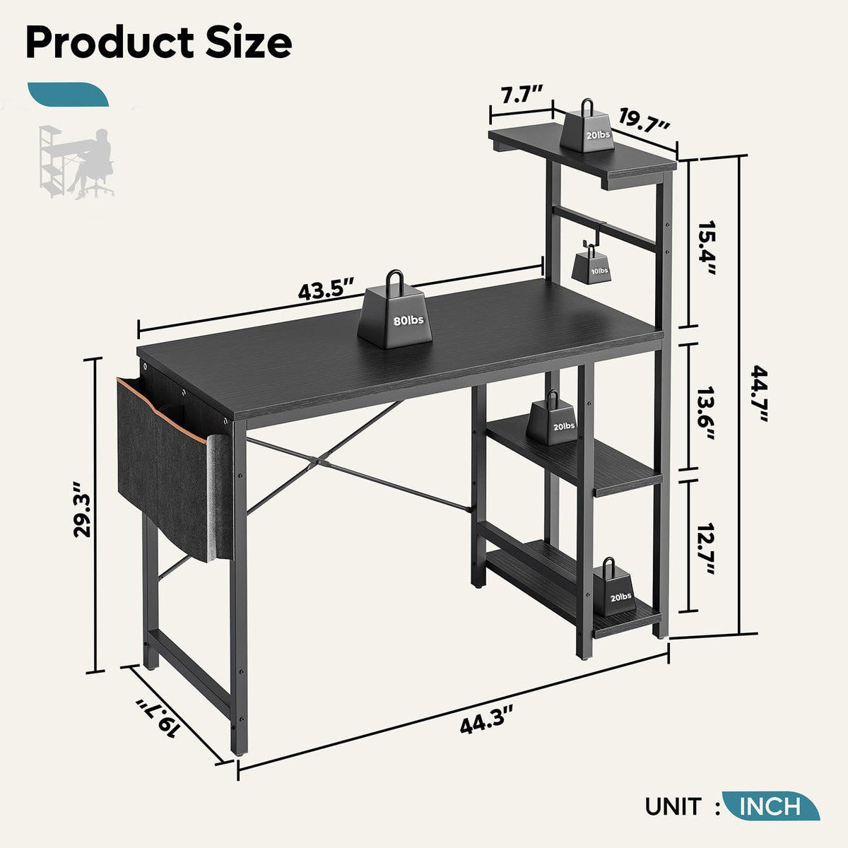 Bestier Computer Desk with Shelves Small Corner Desk with LED Lighting 113CM Reversible Computer Desk Writing Table with Side Pocket Storage Bag &