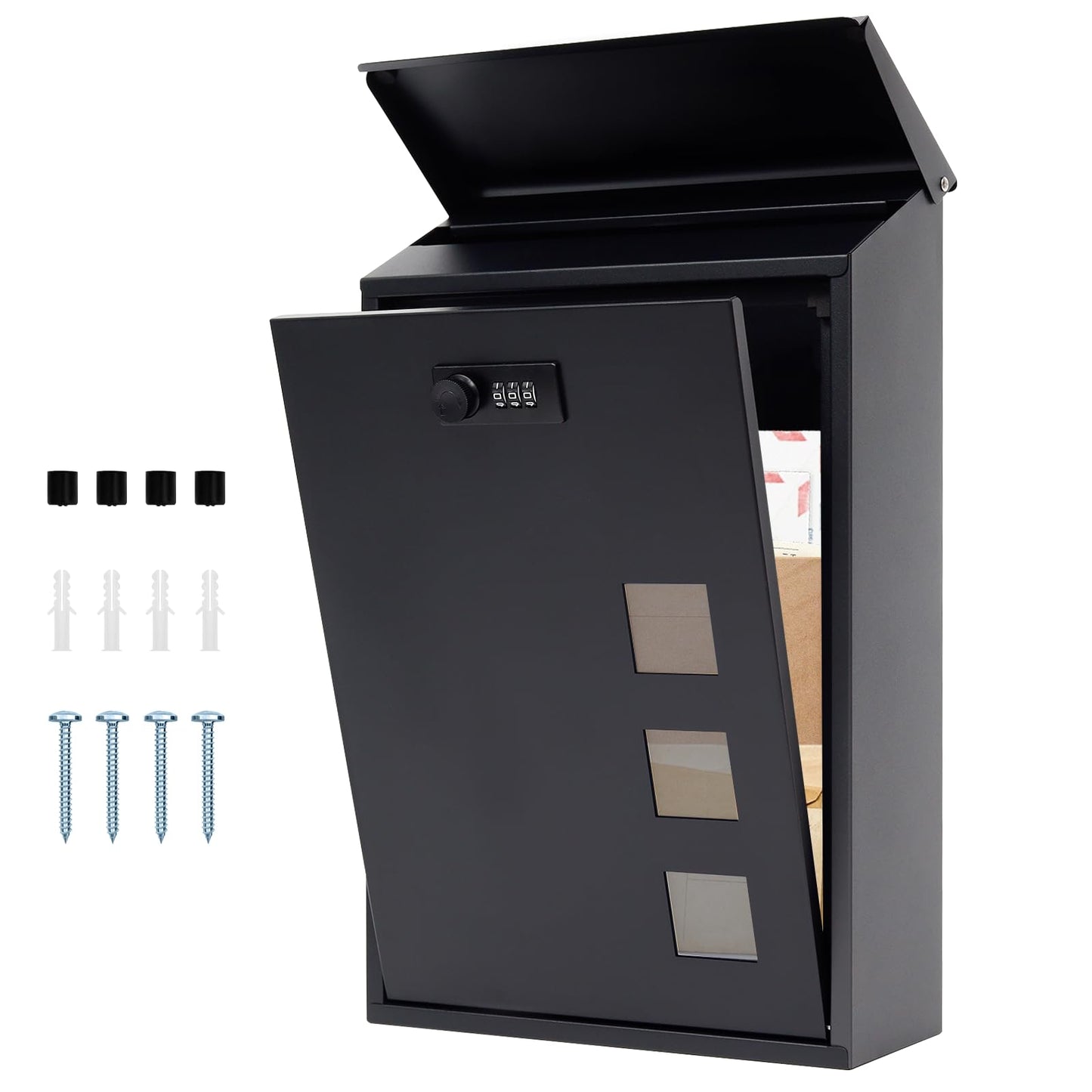 lisetar Post Box Wall Mounted, Steel Mail Box with Combination Lock - Weather-Resistant, 3 Viewing Windows, Rain Cover, Lockable for Outside, Black 40