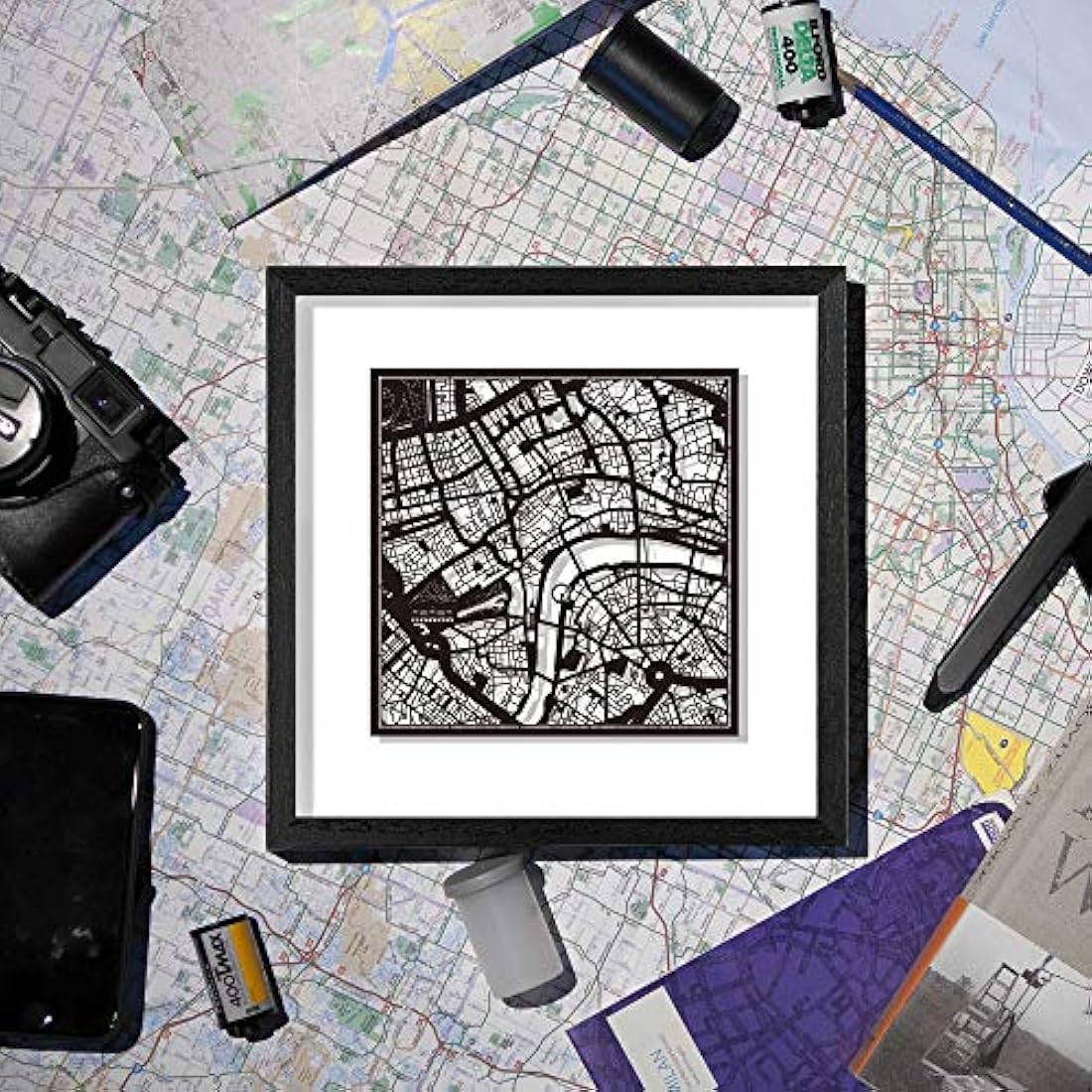 O3 DESIGN STUDIO Chicago Paper Cut Map framed, Black map, Black frame, 9x9 inches, Gift Boxed, 2 background color, self-changing, Paper Art