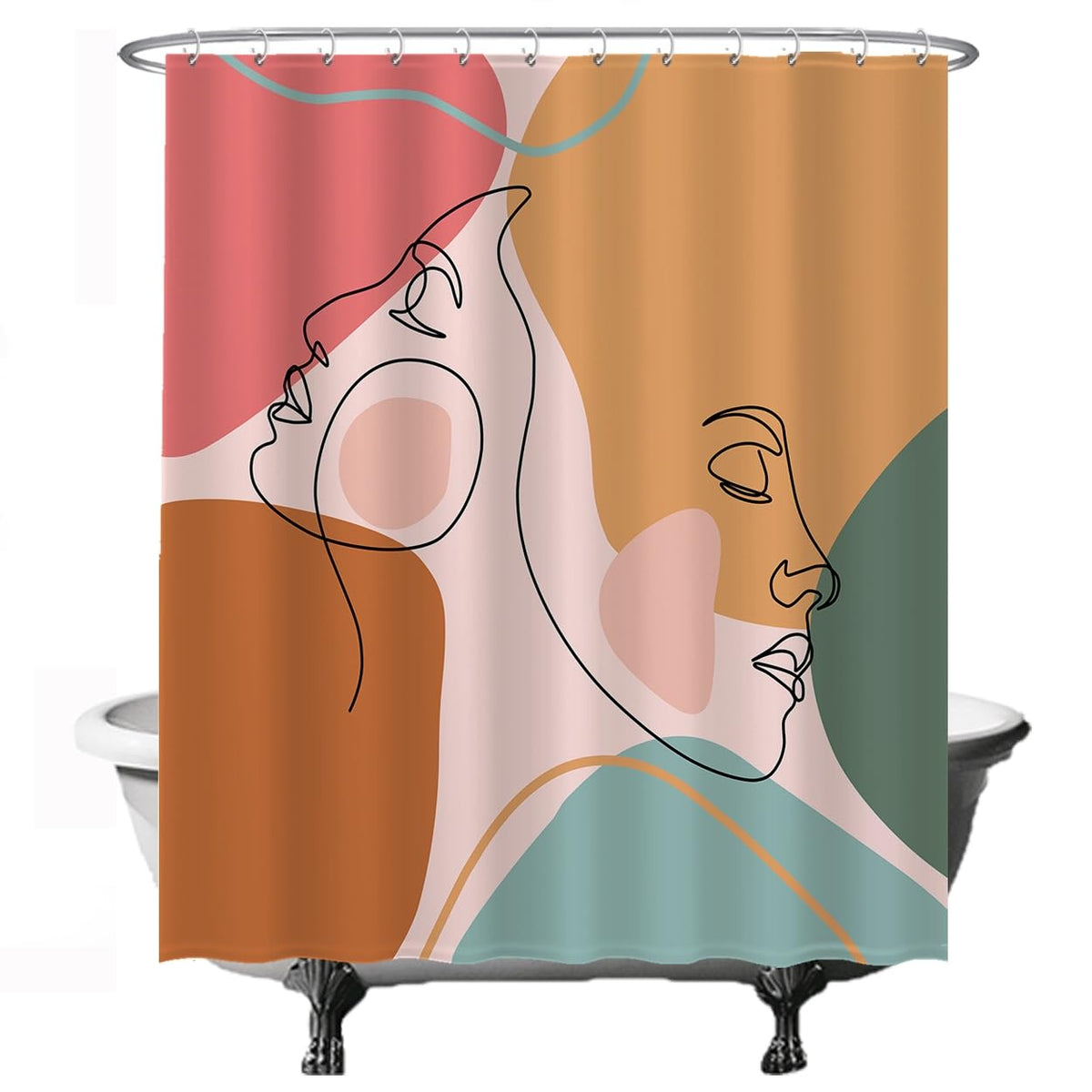 Ulticool Shower Curtain - Face Abstract Aesthetics Emotion - 180 x 200 cm - Anti Mould - Washable - Waterproof - with 12 Rings - Pink Ochre Green
