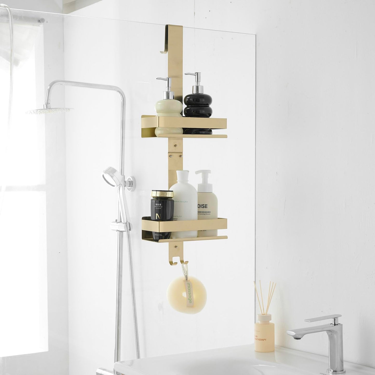 Hanging Over Door Shower Caddy - No Drilling Organiser Stainless Steel Shelves With Hooks - Gold Bathroom Rack Basket Tidy Storage