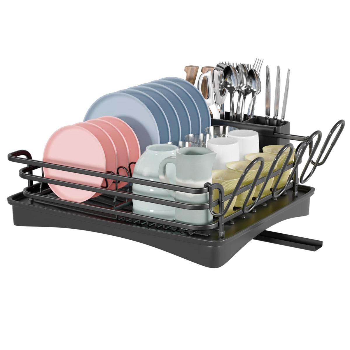 BRIAN & DANY Aluminum Dish Drying Rack, Dish Drainer with Removable Cutlery Holder & Cup Holder, Unique 360 Swivel Spout Drain Board, Black