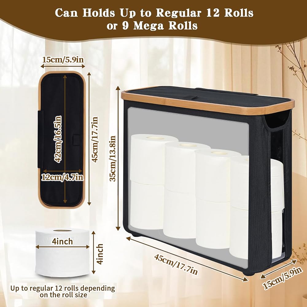 Freestanding Toilet Paper Holder with Bamboo Lid, 30L Toilet Roll Storage Box & Organiser for 12 Rolls, Space-Saving Bathroom Storage Basket (Black)