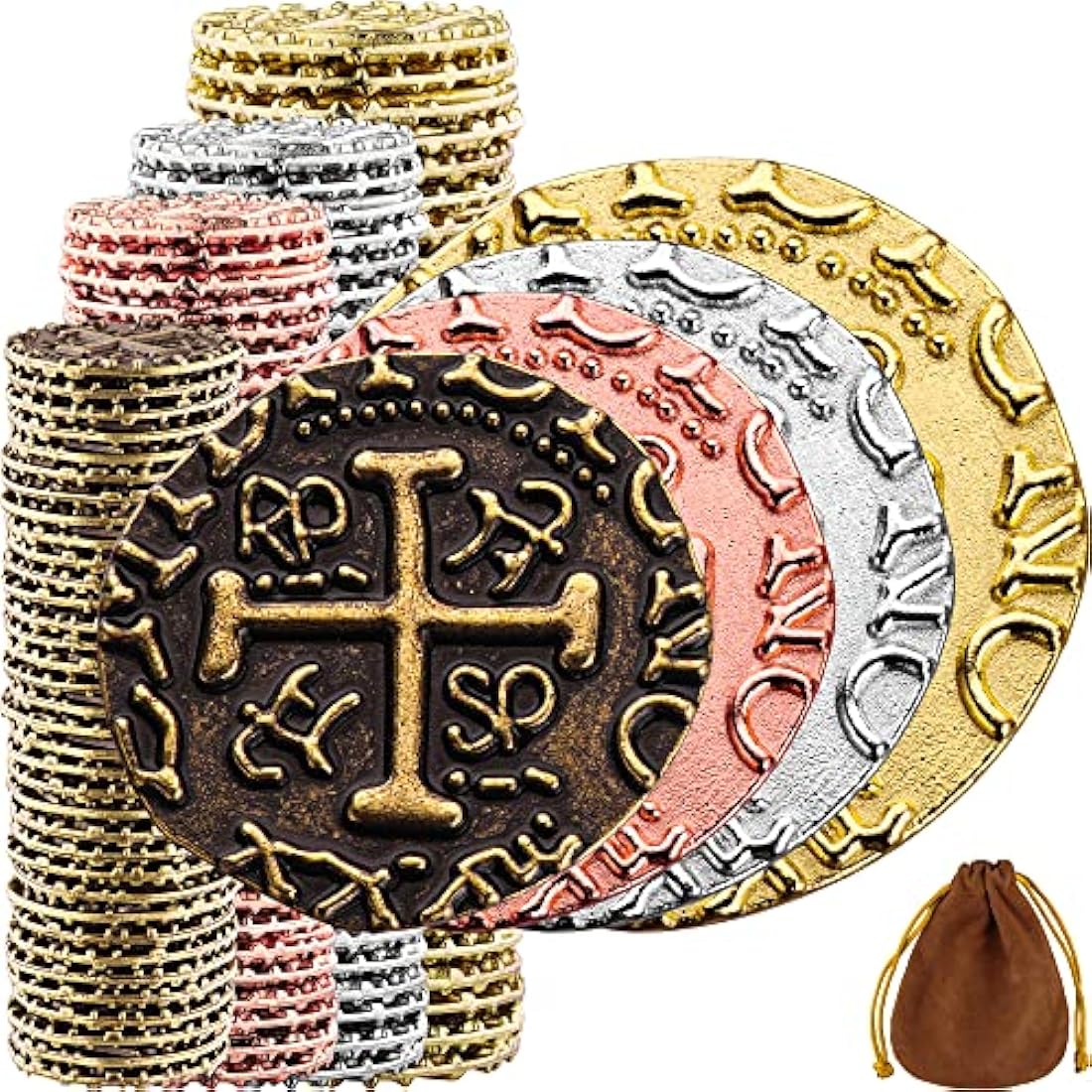 Large Gold Metal Pirate Coins - 100 Leprechaun Metal Rose Gold, Bronze, Silver & Gold for St Patricks Day, Game Tokens, Toys & Cosplay - Fake Set for Pirate Treasure Chest