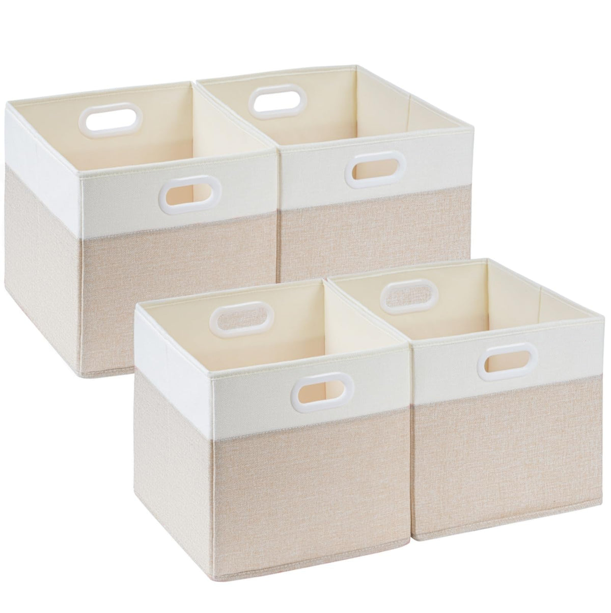 SOCOHOME Fabric Cube Storage Boxes,33x38x33cm Foldable Storage Baskets for Shelf Nursery Closet(Light beige/White, Set of 4)