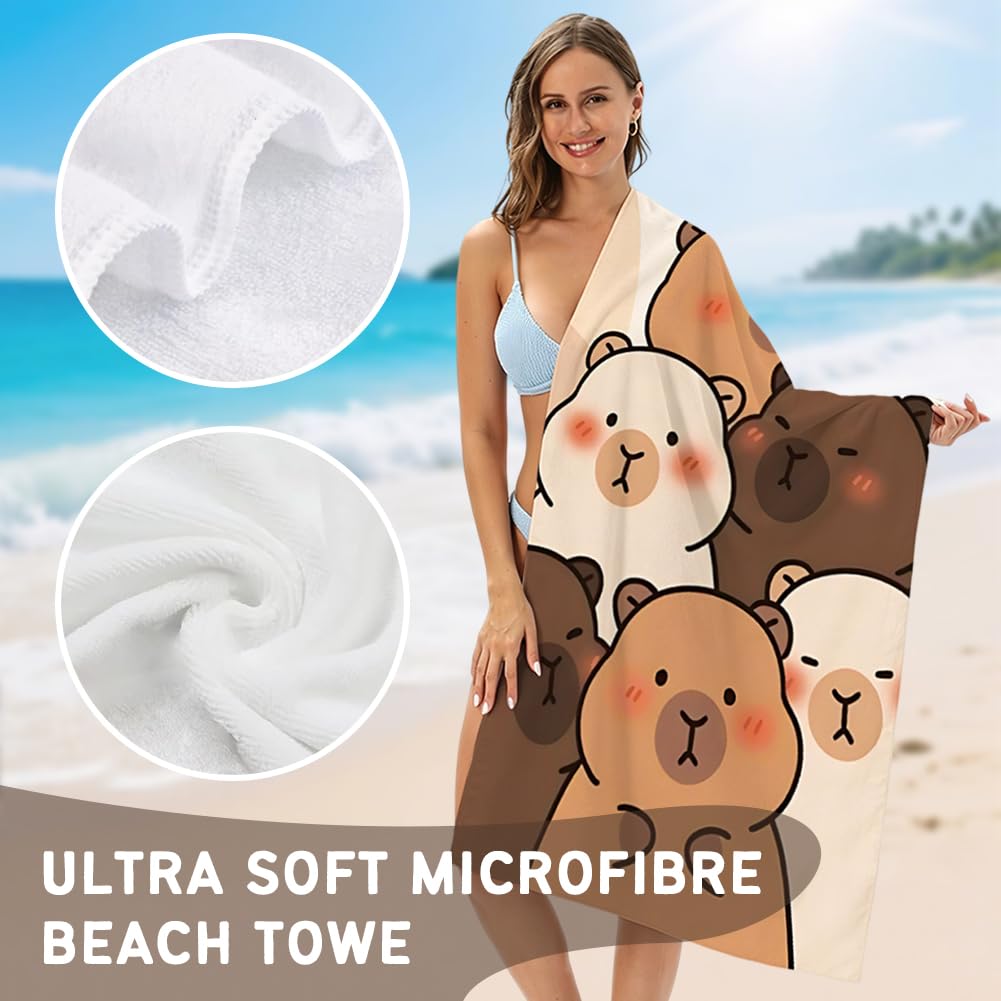 Capybara Microfiber Beach Towel Sand Free Absorbent Extra Large Travel Towels for Adults Kids Microfibre Towels for Adults with Drawstring Bag 2in1