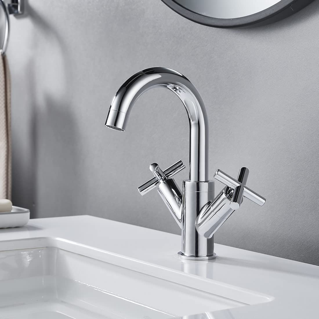 NewEast Basin Mixer Tap, Dual Cross Handle Swivel Spout Bathroom Sink Taps with Pop Up Waste, Modern Chrome Basin Tap