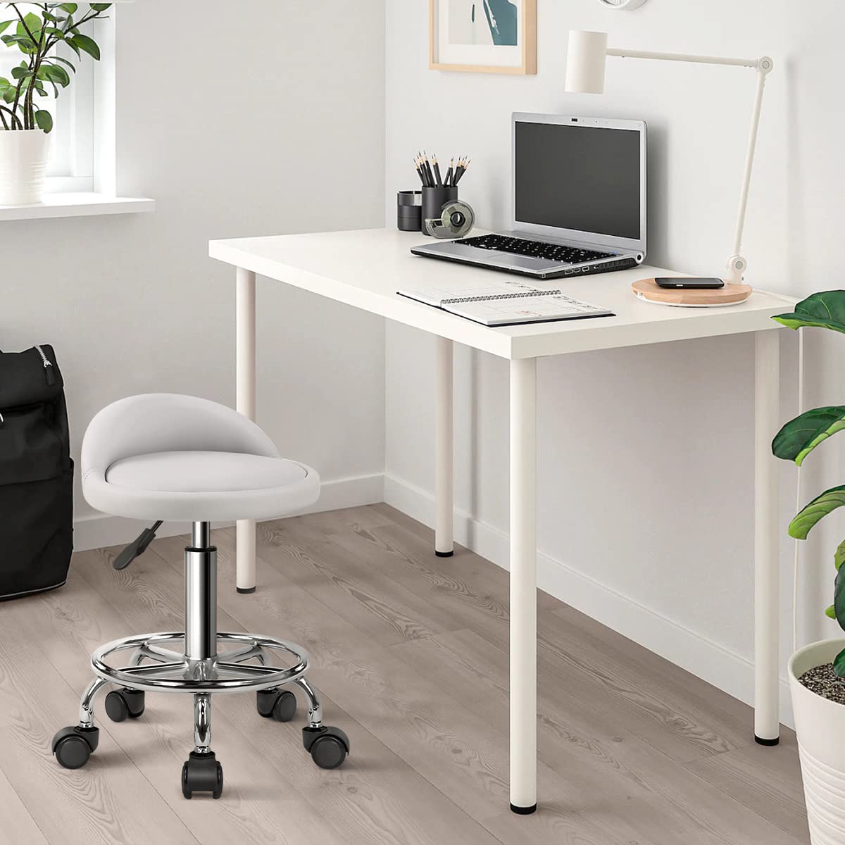 KKTONER PU Leather Round Rolling Stool with Foot Rest Height Adjustable Swivel Drafting Work SPA Task Chair with Wheels (White)