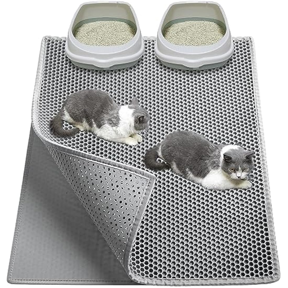 Garoopion Cat Litter Mat, 90 X 76 cm EVA Litter Trapping Mat, Double Layer Honeycomb Holes Design, Grey, 1 Side Connected
