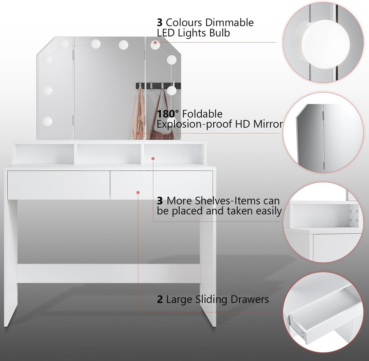 ZANOFIRA White Dressing Table with 3 Foiding Mirror, 3 Colors LED Lights with Adjustable Brightness