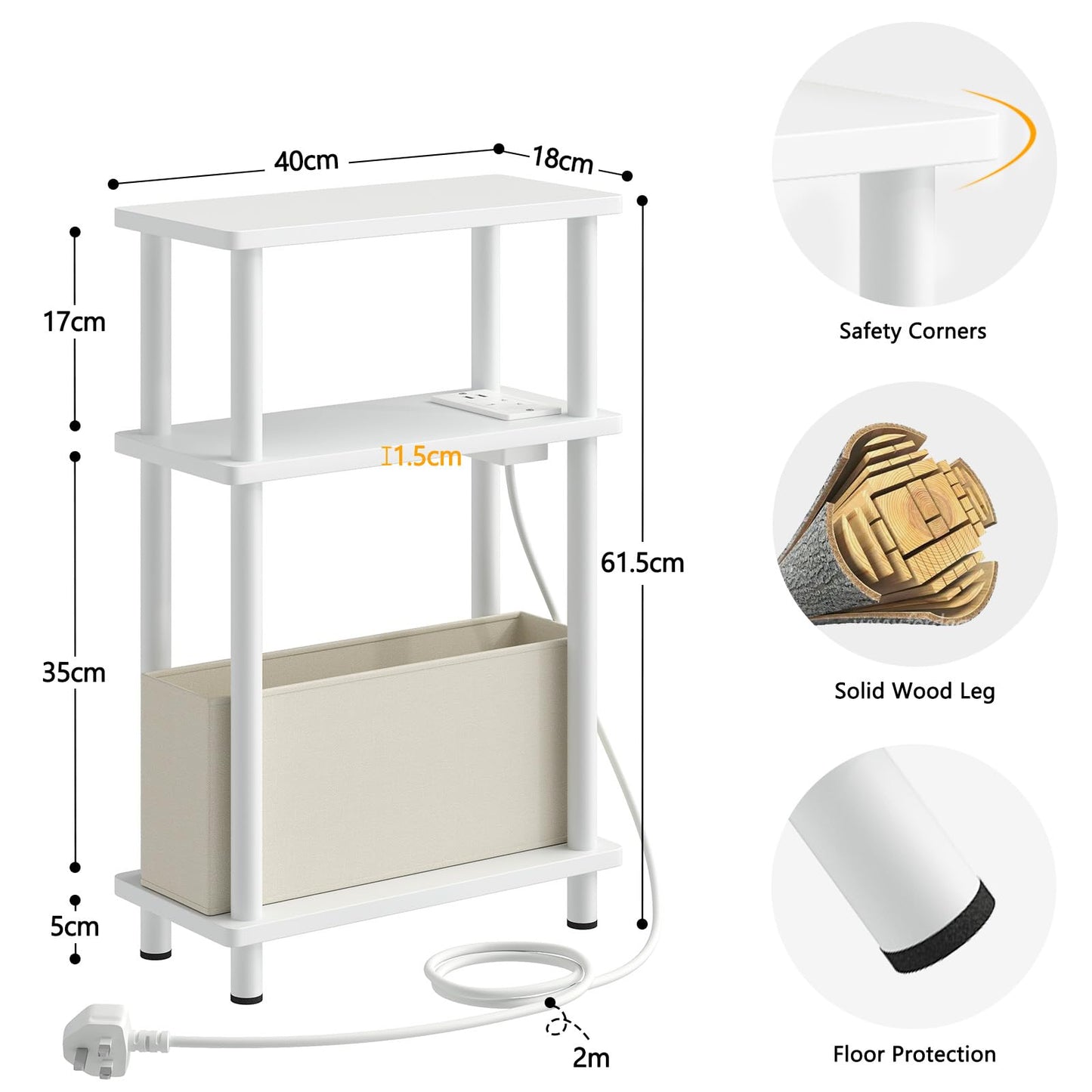 APICIZON Narrow Side Table, 3 Tier Bed Side Table, Slim End Table with Charging Station, for Living Room, Bedroom