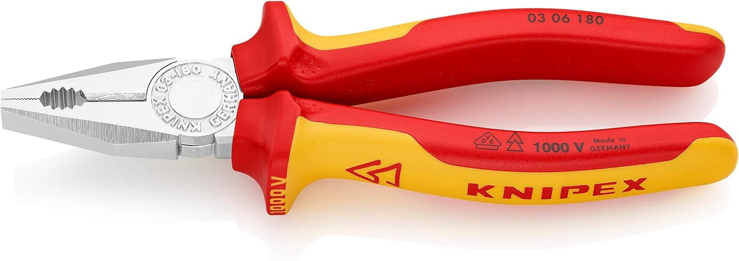 KNIPEX Combination Pliers Chrome-Plated Insulated with Multi-Component Grips, VDE-Tested 180 mm, 03 06 180
