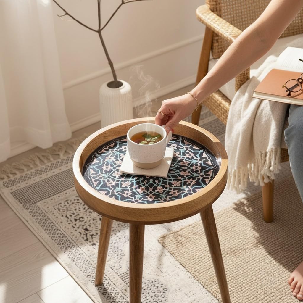 Woodmede Mango Wood Artisan Side Table 18” – Handmade Round Accent Table with 36cm Resin-Coated Enamel Top