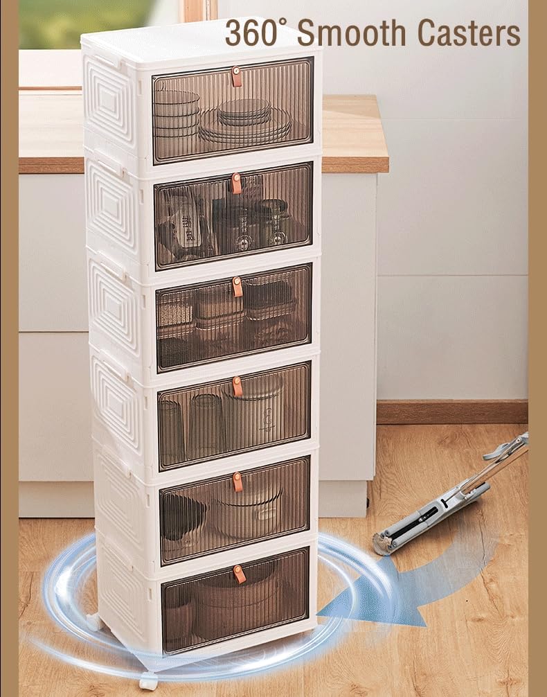 KOLENSA Foldable Storage Bins with Lid, Wheels and Magnetic Door, Collapsible Stackable ABS Organizer for Kitchen, Wardrobe, Closet