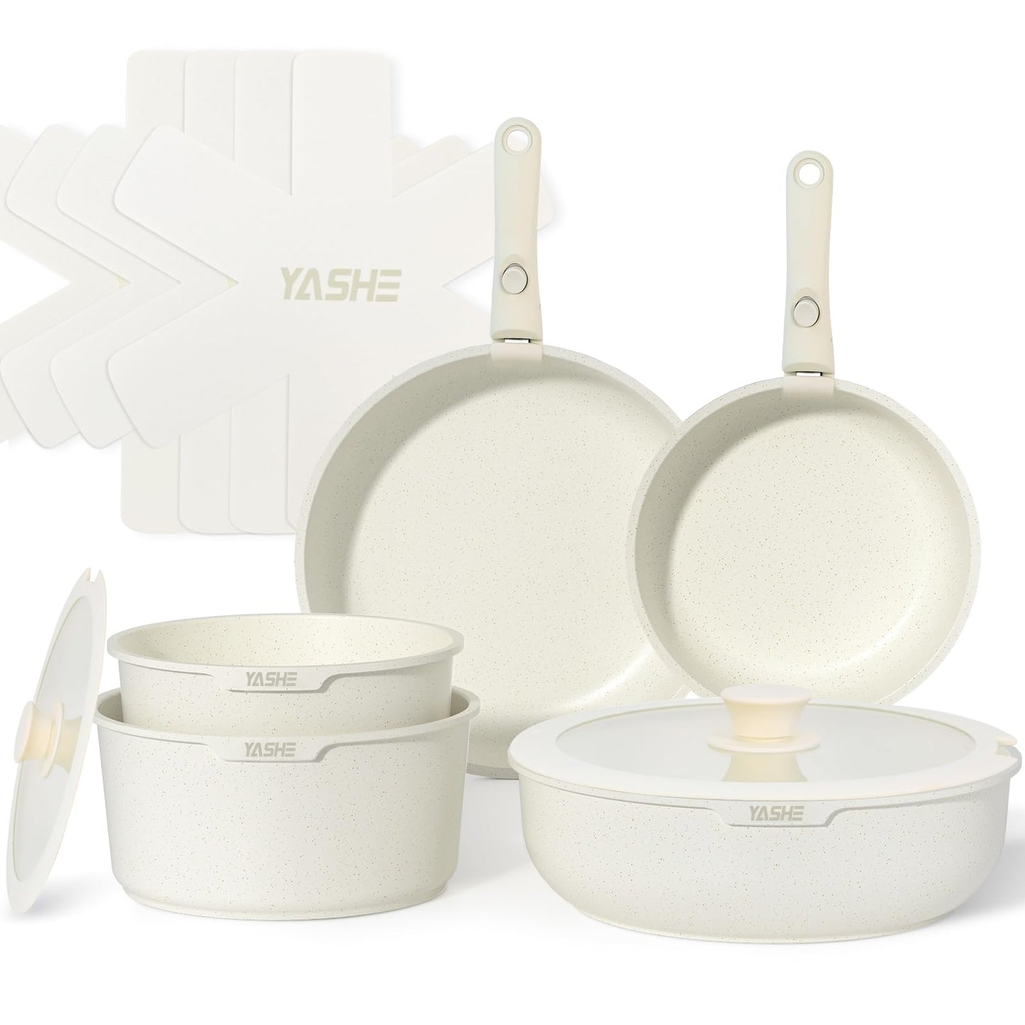 YASHE 13Pcs Pots and Pans Sets Non Stick, Kitchen Cookware Sets, Induction Pan Set for RV Set, Pans with Detachable Handle, Granite White, Oven Safe,