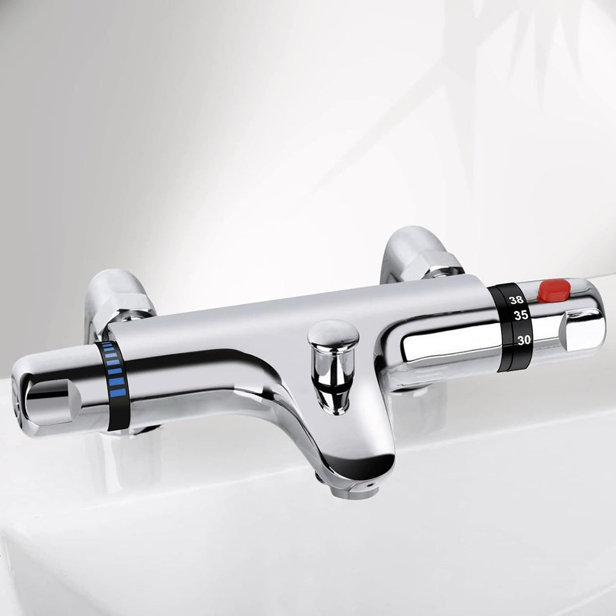 Thermostatic Bath Shower Mixer Tap Deck Mounted Bath Mixer Tap Bar with Bathtub Filler Spout, Thermostatic Shower Bar Taps Faucet Modern Chrome Solid