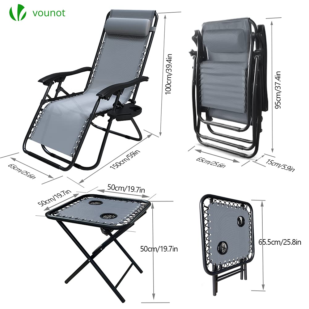 VOUNOT? Zero Gravity Chair with Side Table, Set of 2, Folding Sun Loungers, Recliner Garden Chairs, Outdoor Deck Chairs with Cup and Phone Holder,