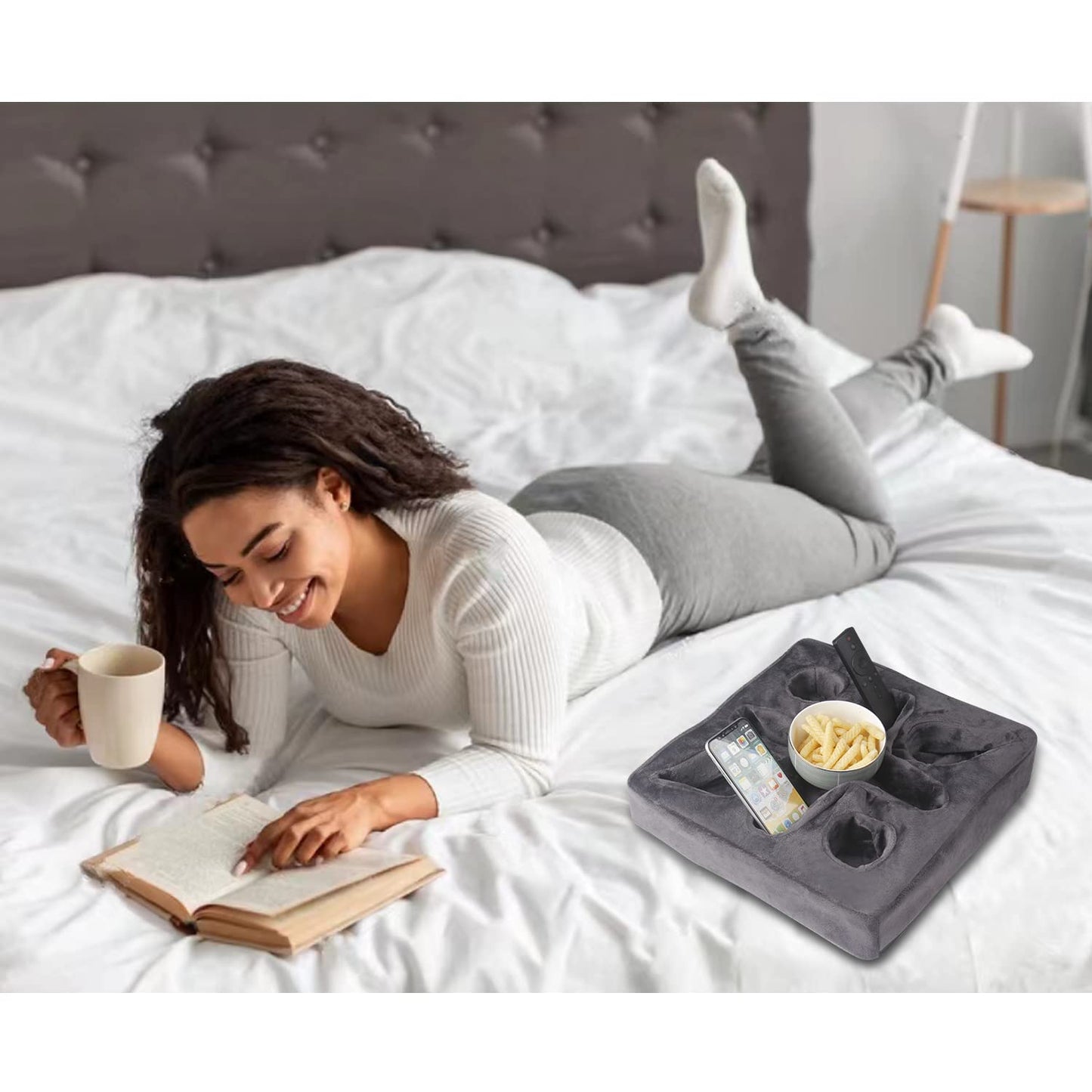 Couch and Bed Cup Holder Pillow, Sofa Refreshment Tray for Drinks/Remote Control/Snacks Holder (Gray)