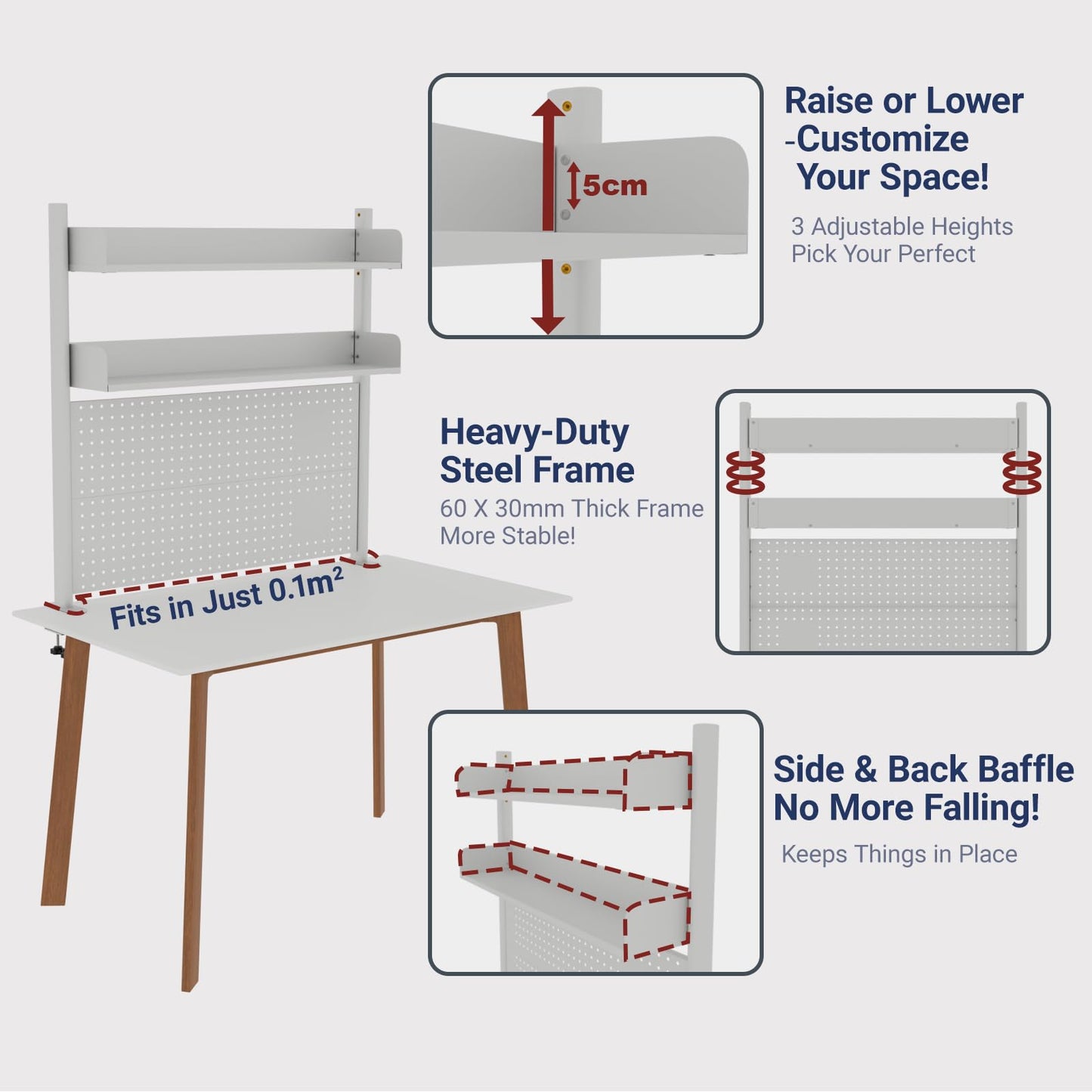 Boltmol Clamp-on 2-Tier Desk Shelf,White 100CM, Desktop Organizer With Pegboard, Countertop Storage Bookcase For Home, Office Or Dorm