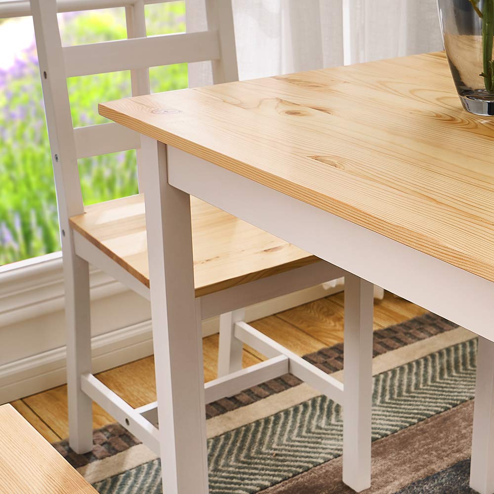 Panana Pine Wood Dining Table and 4 Chairs Set, 5-Piece Home Kitchen Furniture Set (Natural White)