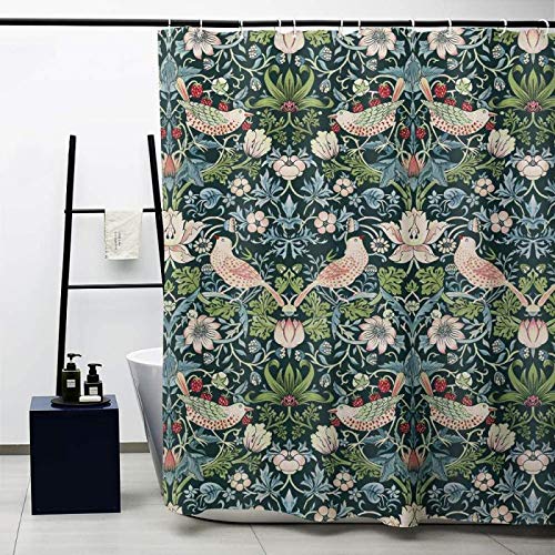 Obal William Morris Shower Curtain, Strawberry Thief Bath Curtains Water Repellent Anti-Mould Polyester Decorative Shower Curtains Art Deco With 12