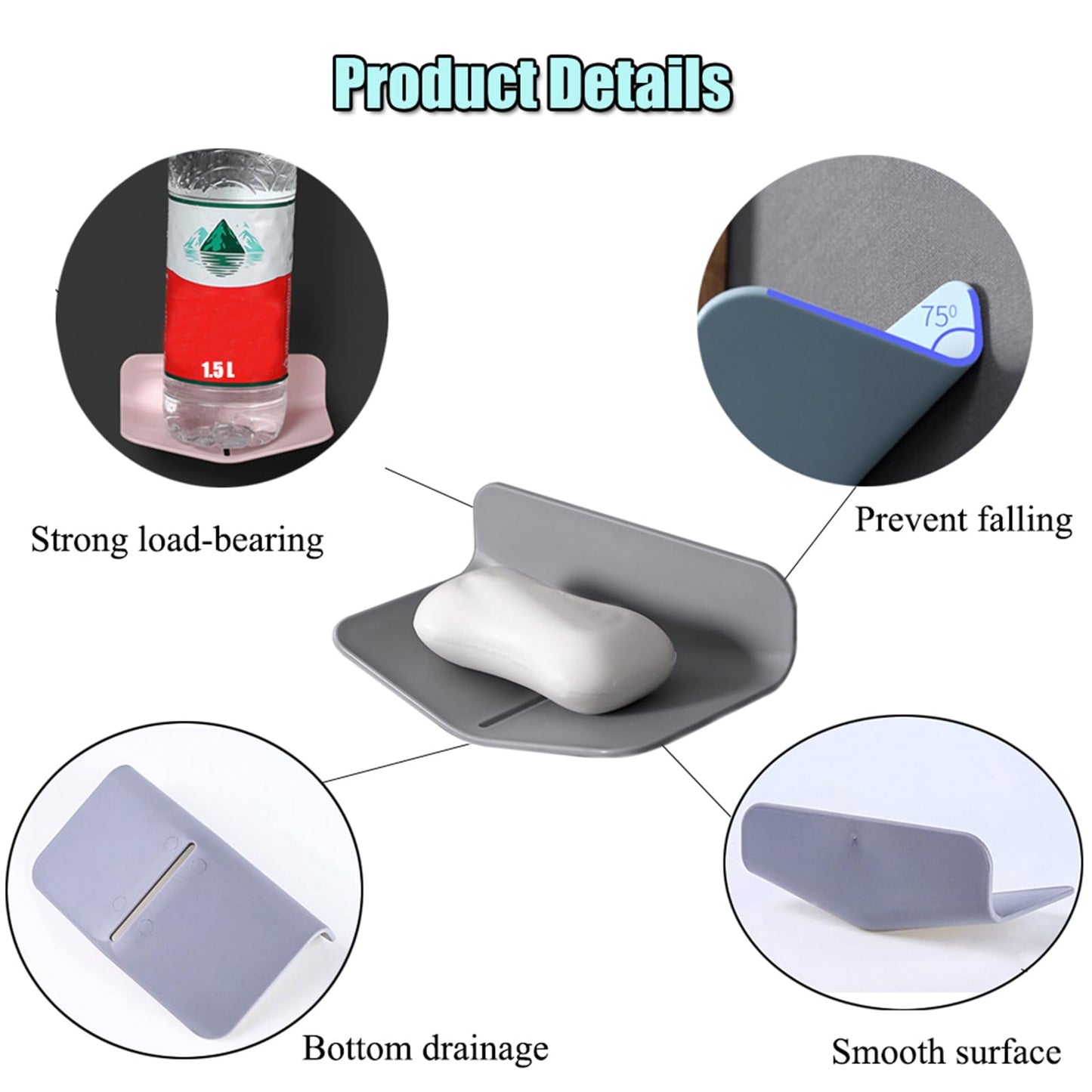 Soap Holder Shower Wall Mounted for Kitchen, Self-draining Soap Dish for Shower, Plastic Soap Box for Bathroom. (3, White + Gray + Blue)