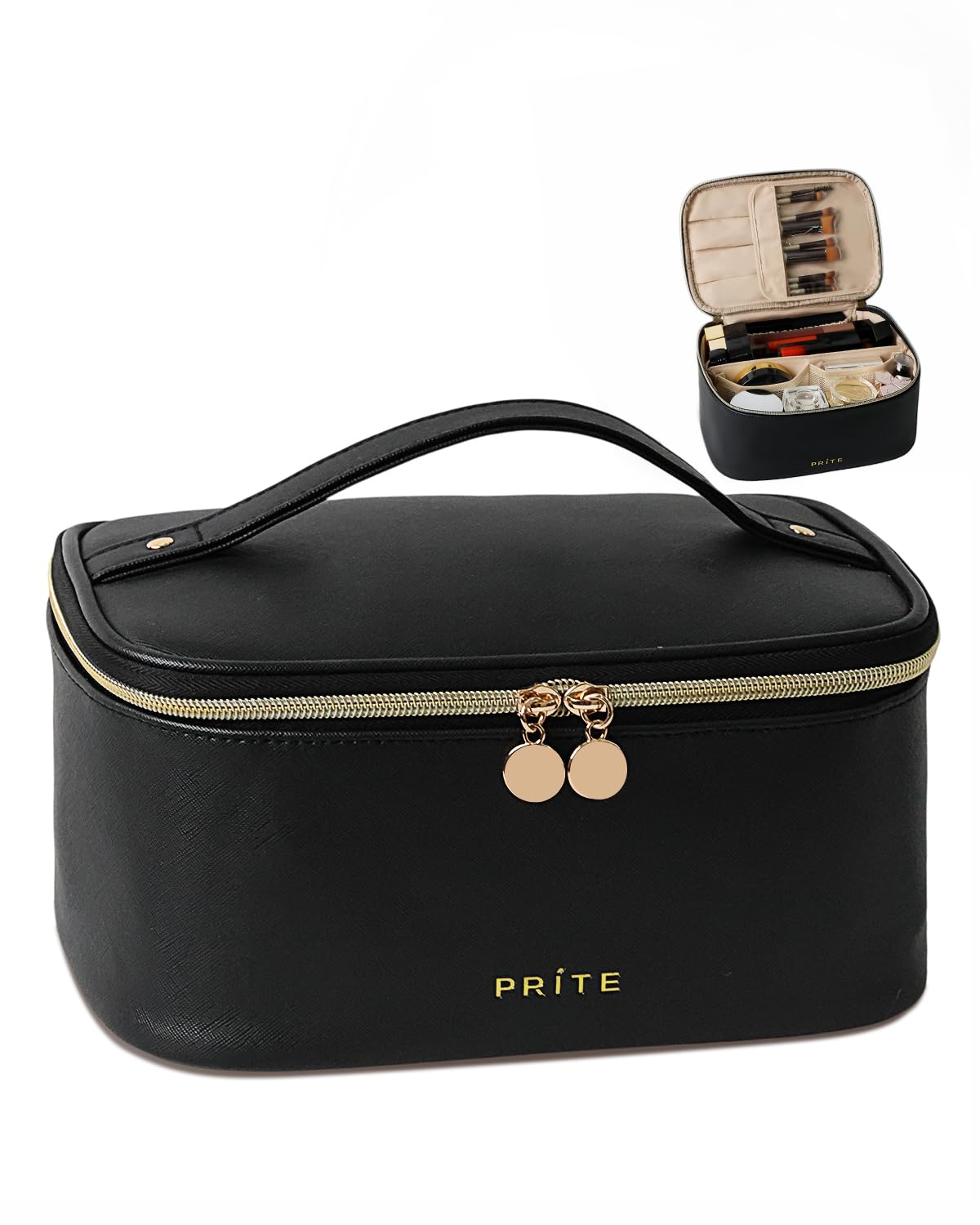 Prite Large Makeup Bag for Women Travel Cosmetic Case Waterproof PU Leather Toiletry Bag Portable Make Up Organiser with Handle and Removable Divider