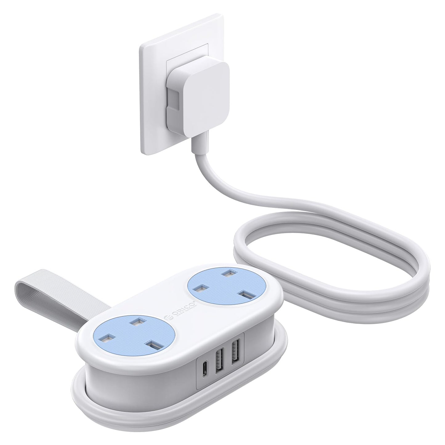 ORICO Travel Extension Lead with USB Slots, 2 Outlets 3 USB Ports (1 USB C), 3250W 13A Socket Extensions, Rollable Externsion Cord for