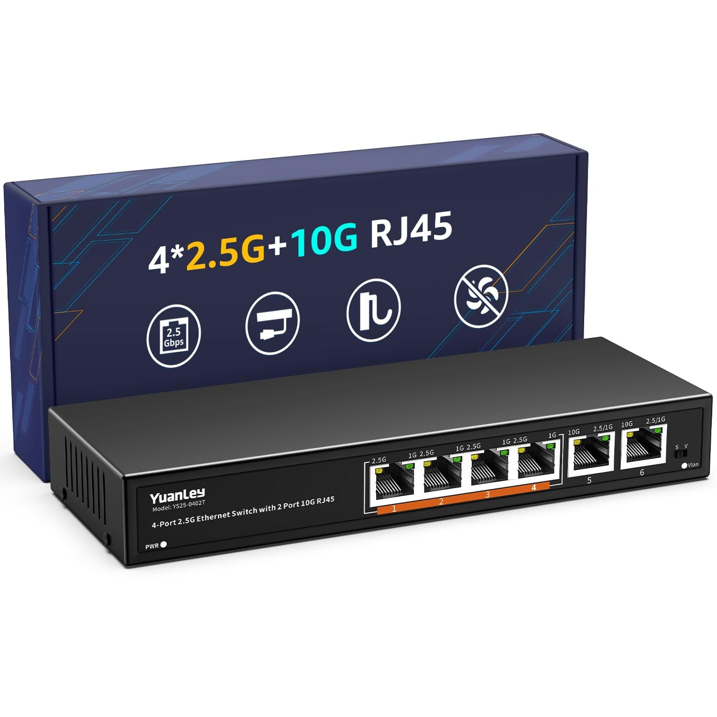 6 Port 10G Ethernet Switch Unmanaged, 4 x 2.5G Base-T Ports, 2 x 10Gb RJ45 Ports, Compatible with 100/1000/2500Mbps, Metal Fanless, VLAN, YuanLey