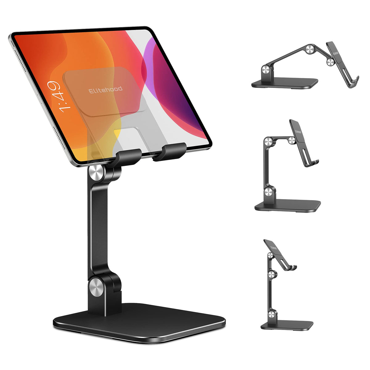 elitehood Aluminum iPad Stand for Desk [Ultra-Stable & Sturdy], Height Adjustable Tablet Stand, Portable Tablet Holder Dock for Home Office,