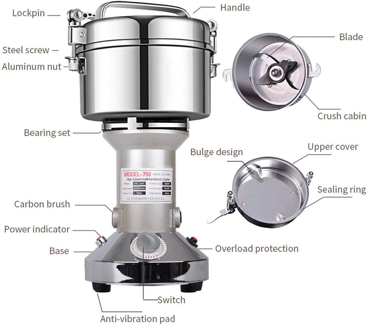 LEJIEYIN Grain Mill Electric 750g Electric Mill Stainless Steel Graingrinder & Commercial Motor Grinding Stone Mill Grain with 2000W 25000 RPM for