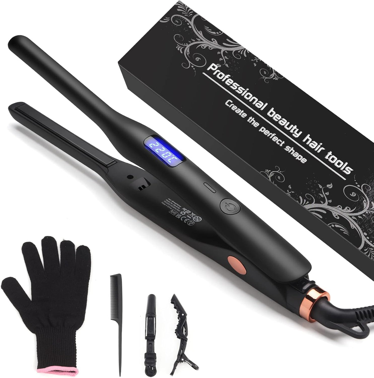 Mini Hair Straightener, Pencil Straightener for Short Hair, Beard and Pixies, Straight or Tight Curler, Adjustable Temperature, Small Flat Iron for
