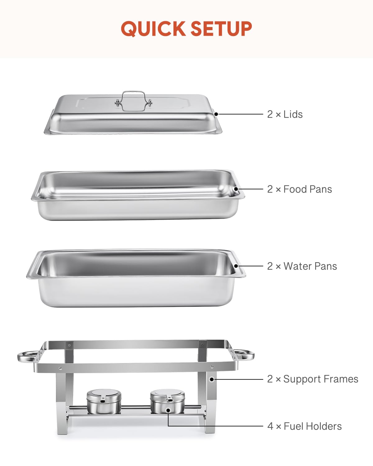WILPREP Chafing Dish Buffet Set of 2, Rectangle Stainless Steel Food Warmer Kit with Lids Food Pans Bain Maries and Fuel Holders, 9L Buffet Serving