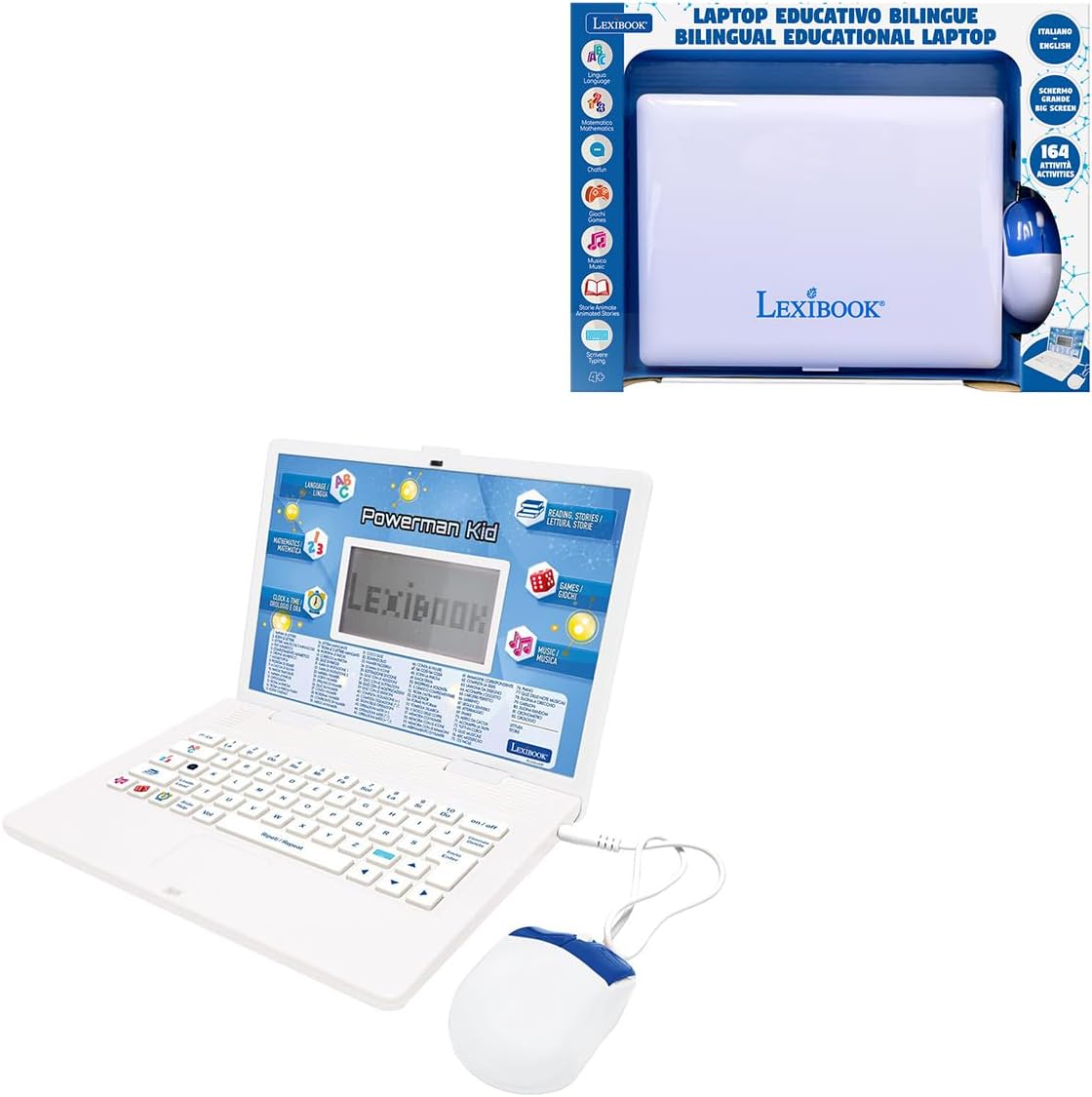 Lexibook, Bilingual Laptop, Italian and English, 164 Learning Activities, Used very good. open scruffy box.