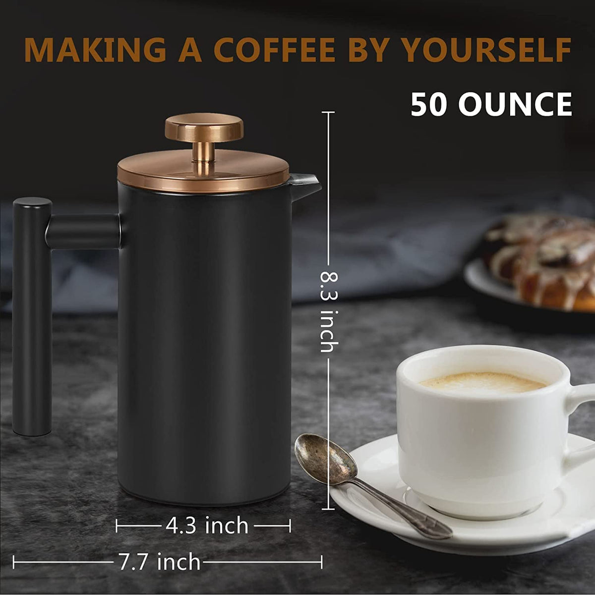 MaxMiuly Large Cafetiere 1.5L/50 OZ Stainless Steel French Press Insulated Coffee Press, Double Wall Keep Hot Coffee & Tea Maker,Bonus with 2 Coffee