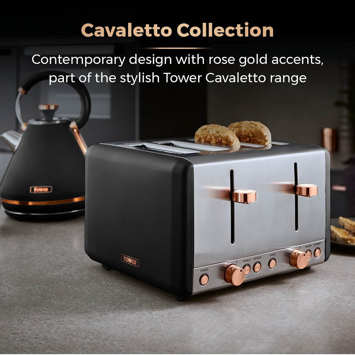 Tower T20051RG Cavaletto 4-Slice Toaster with Defrost/Reheat, Stainless Steel, 1800 W, Black and Rose Gold
