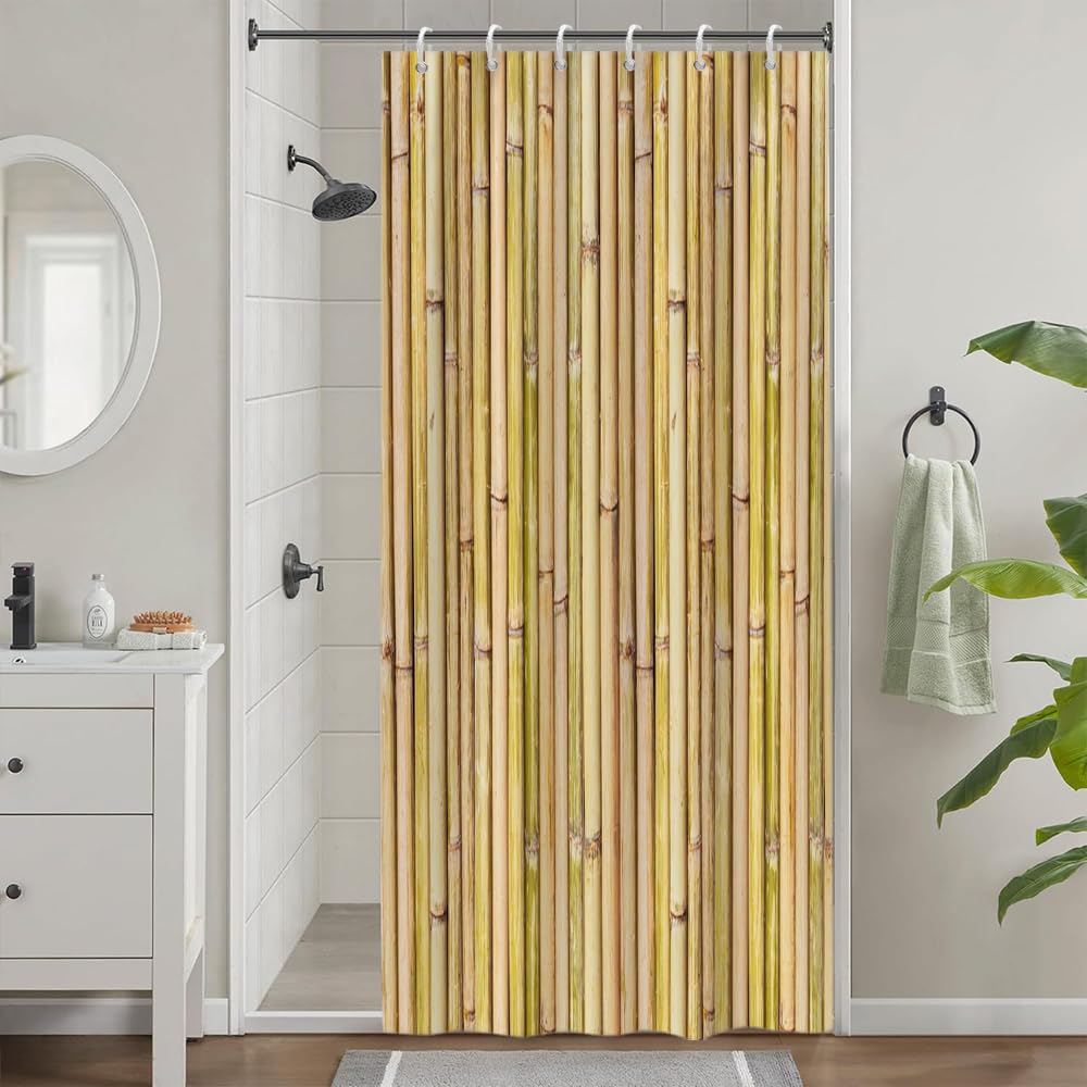 Uiiooazy Bamboo Stall Shower Curtain, Zen Yellow Bamboo Stems Oriental Theme Bath Curtain Mildew and Mould Resistant Waterproof Polyester Fabric