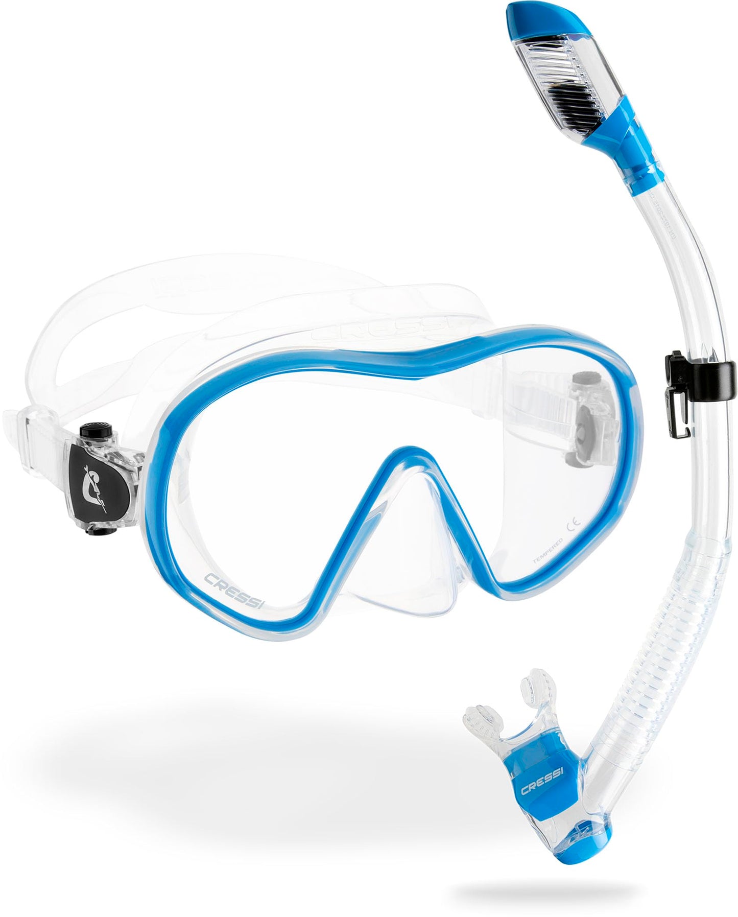 CRESSI F-Dual + Supernova Dry Combo - Unisex Diving Mask F-Dual rimless and Dry Snorkel for Snorkelling and Scuba Diving, Colour Clear/Blue, One Size