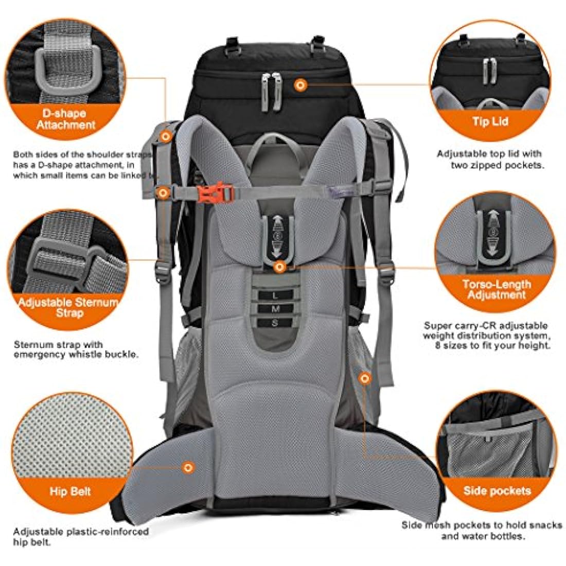 MOUNTAINTOP 70L Hiking Backpack water-resistant Internal Frame Backpacks Large Trekking Mountaineering Rucksack with Rain Cover for Men Women Cover Outdoor