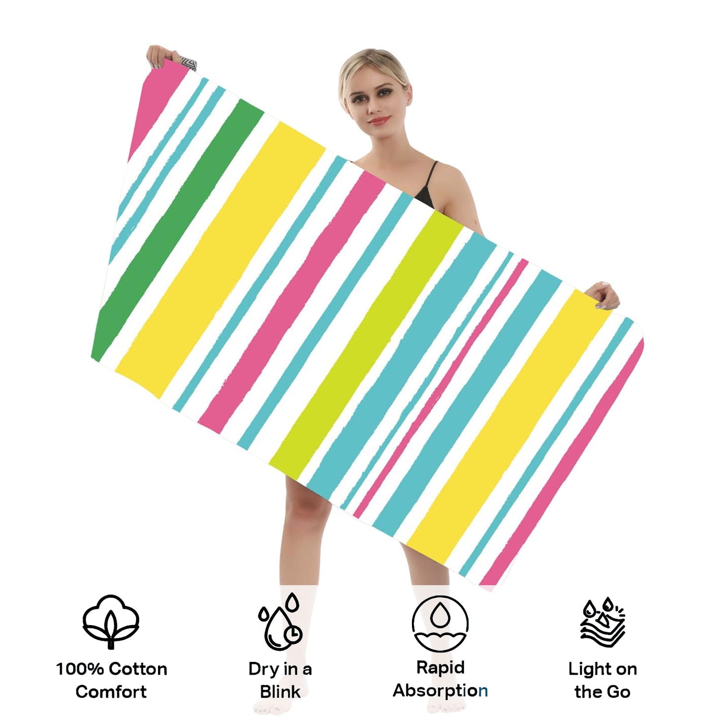 Large Quick Dry Microfibre Beach Bath Towel,Double Sides Light Blue White Striped Sand Free Beach Towel with Bag,Lightweight Gym Yoga Sports