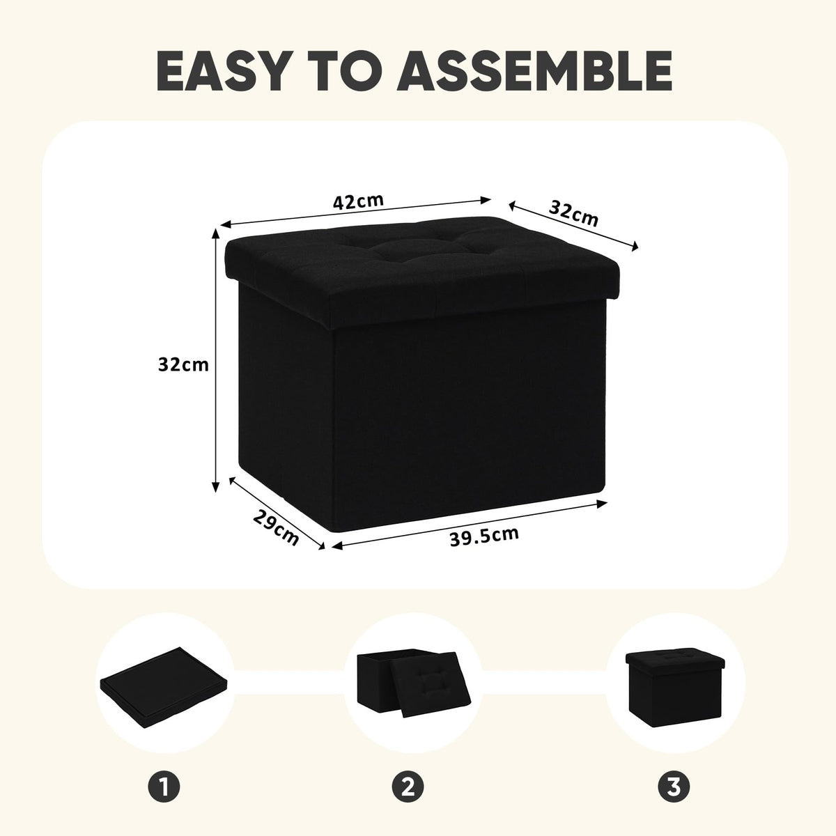 PINPLUS Linen Ottoman Storage Box with Lid, 42x32x32 cm, Black