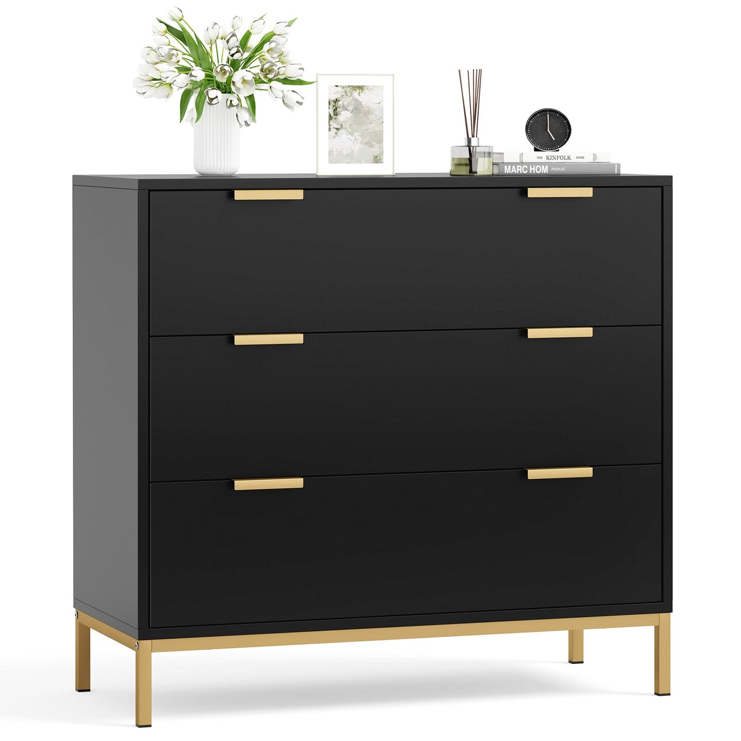 Yvsevnr Black Chest of Drawers Bedroom Wooden 3 Drawers Dresser with Spacious Storage Clothes Drawers with Sturdy Handles & Legs for Bedroom