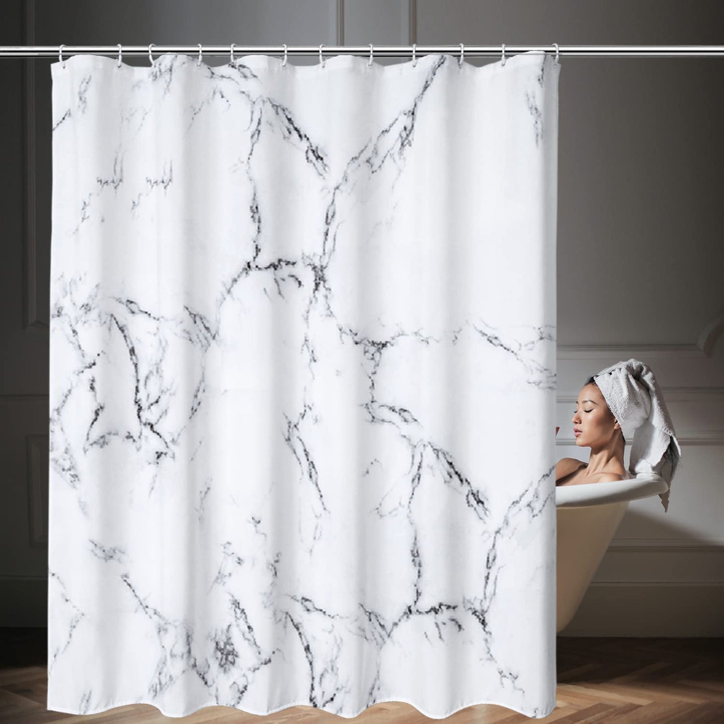 WedDecor Shower Curtain Waterproof Anti Mould Mildew Resistant, Heavy Duty 100% Polyester Fabric Bathroom Curtains Liner with 12 Curtain Hooks, 180cm